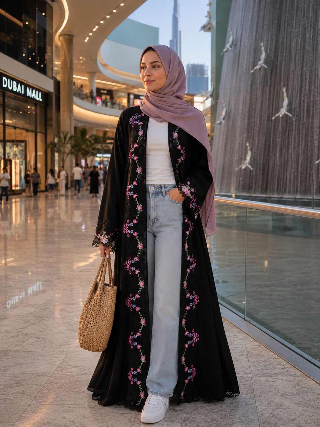 Black Floral Embroidered Open Abaya Set | Matching Inner