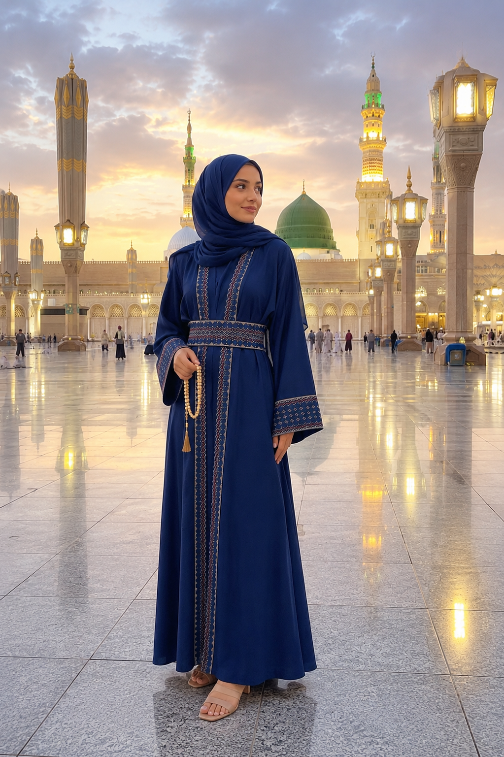 Dark Blue 2 Layer Embroidered Abaya Set with Belt | Modest Luxury Abaya