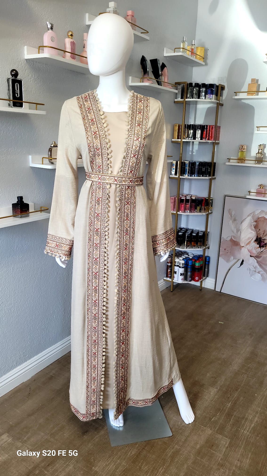 Palestian Beige Kaftan with Intricate Red Designs