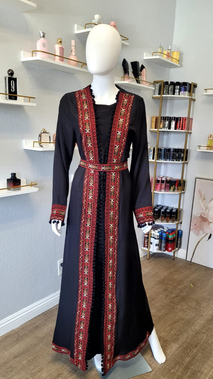 Palestinian Black and Red Moroccan Kaftan with Intricate Designs