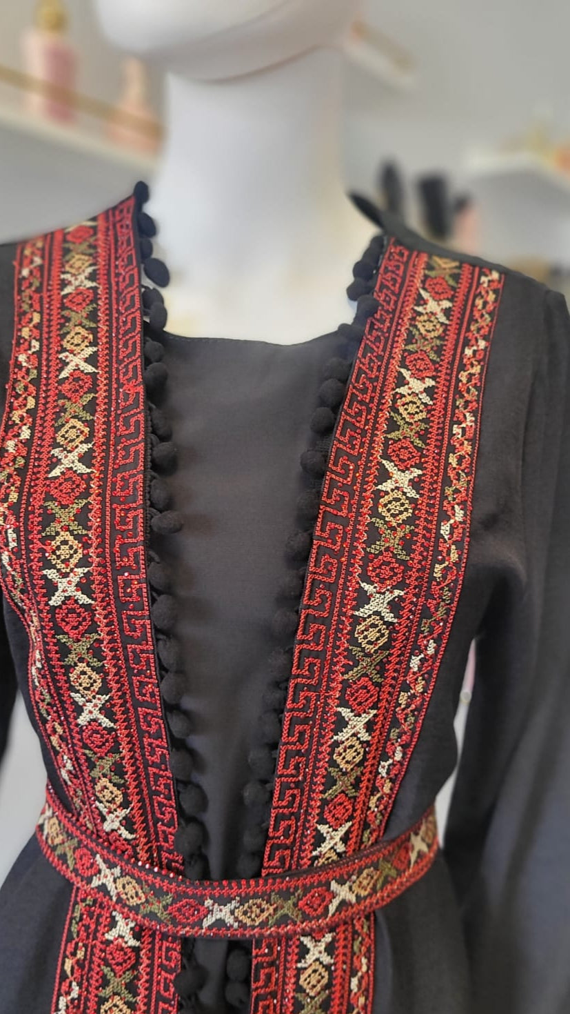 Palestinian Black and Red Moroccan Kaftan with Intricate Designs