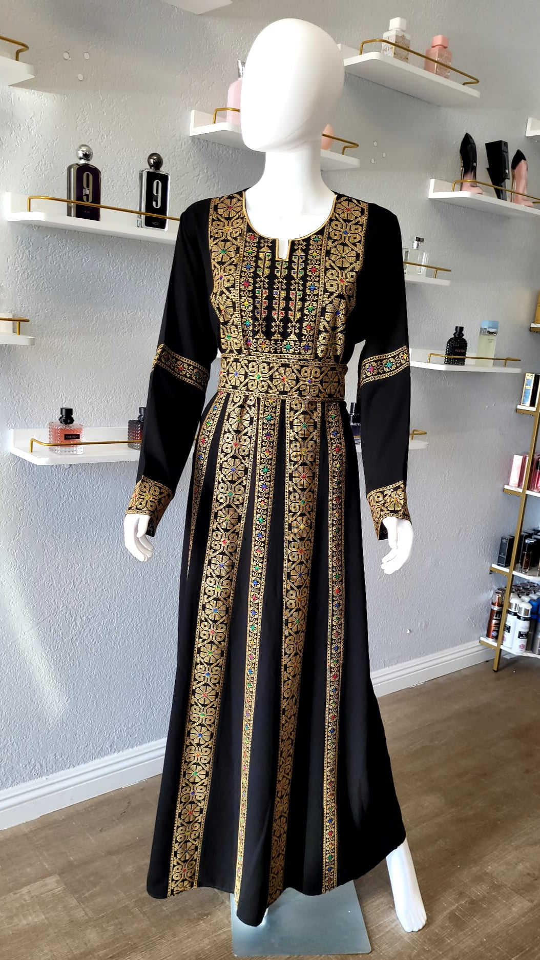 Closed Black Kaftan with Geometrical Gold Designs