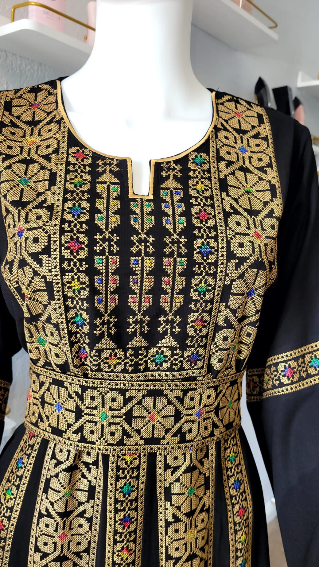 Closed Black Kaftan with Geometrical Gold Designs