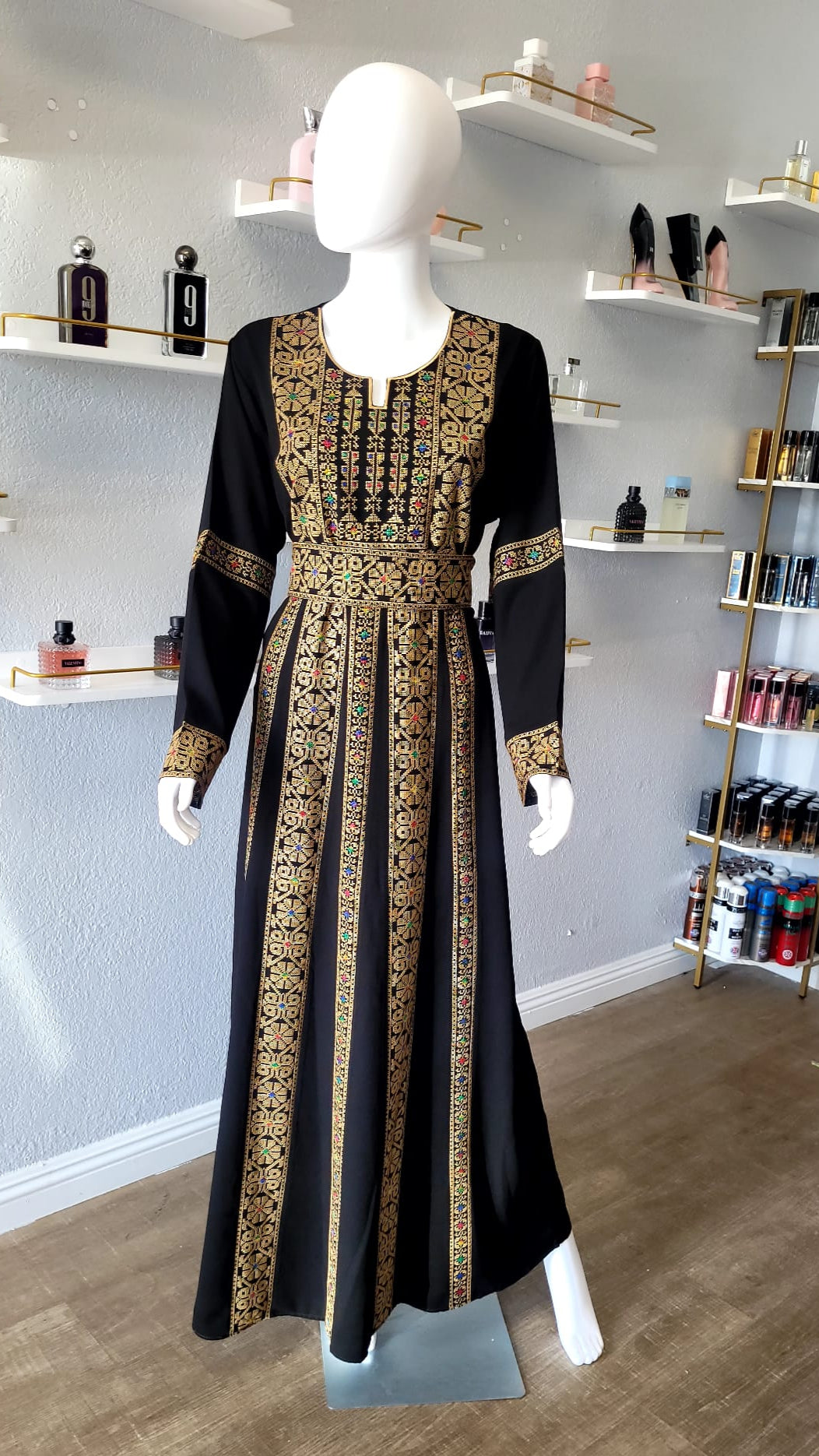 Closed Black Kaftan with Geometrical Gold Designs