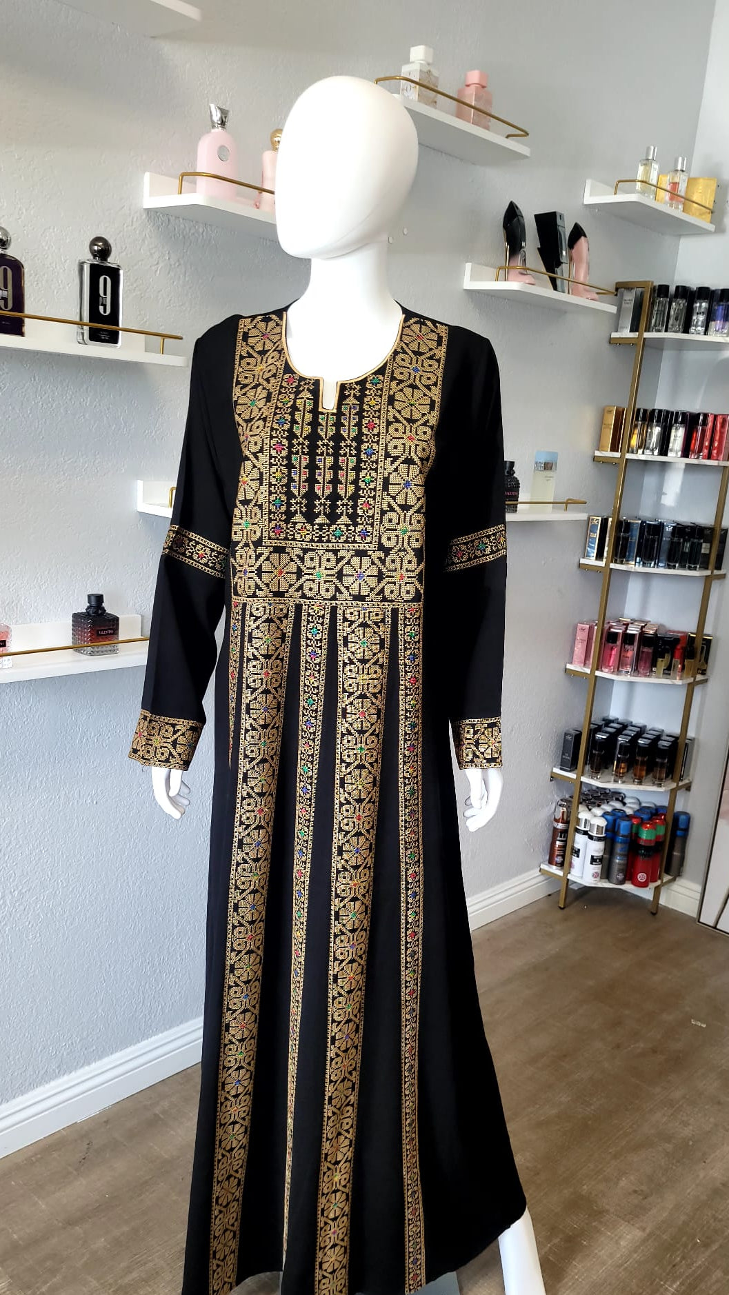 Closed Black Kaftan with Geometrical Gold Designs
