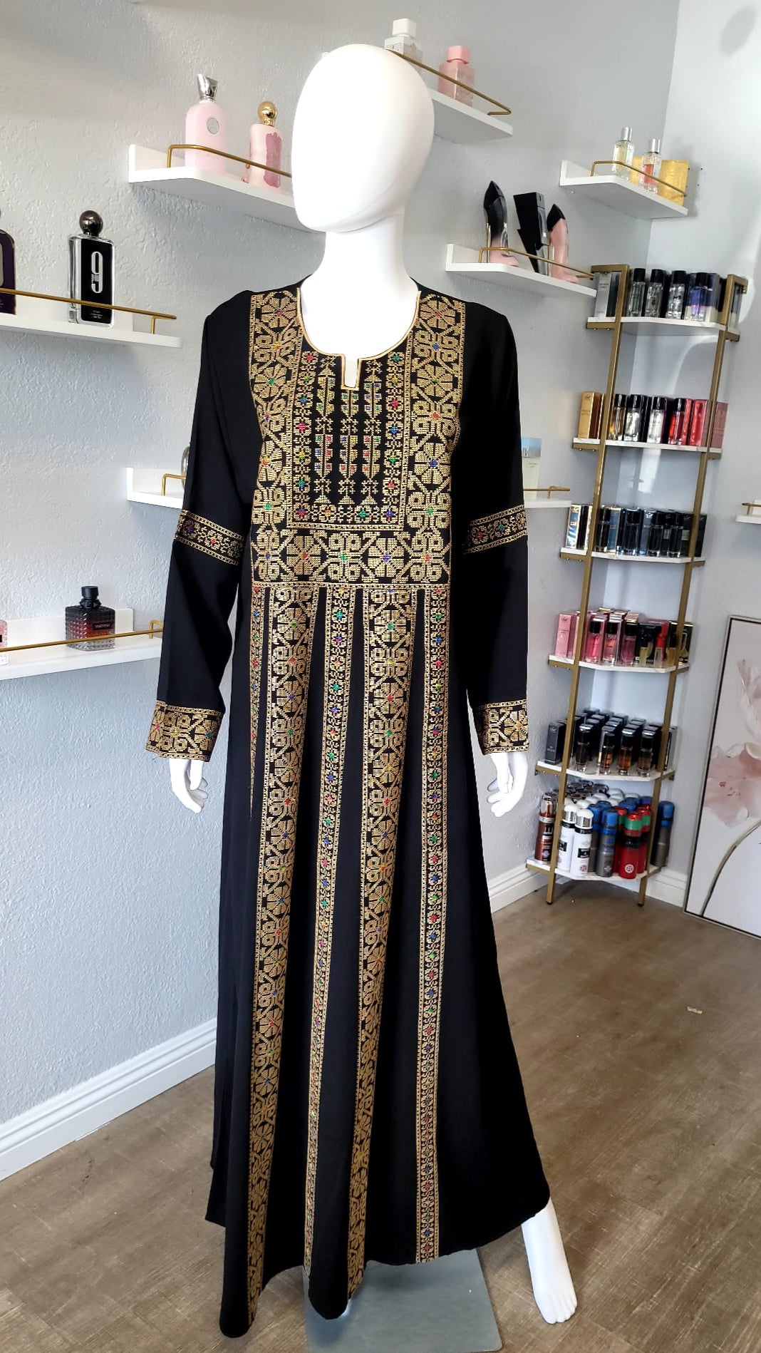 Closed Black Kaftan with Geometrical Gold Designs