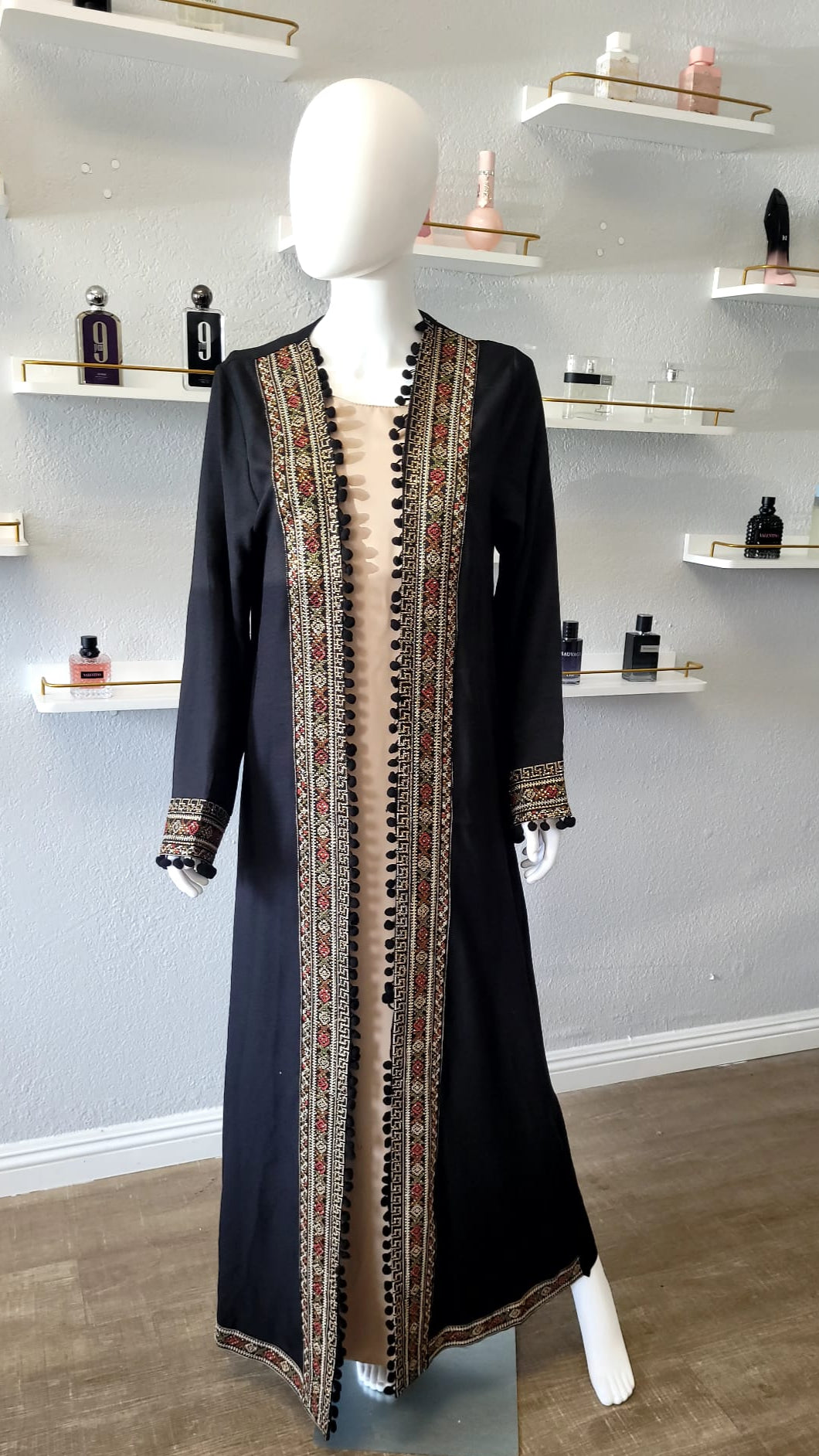 Palestian Black Kaftan with Beige Intricate Patterns and Designs