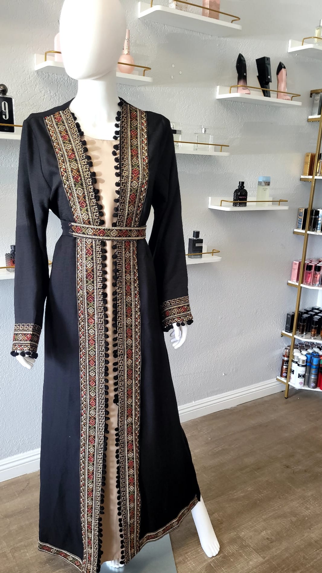 Palestian Black Kaftan with Beige Intricate Patterns and Designs