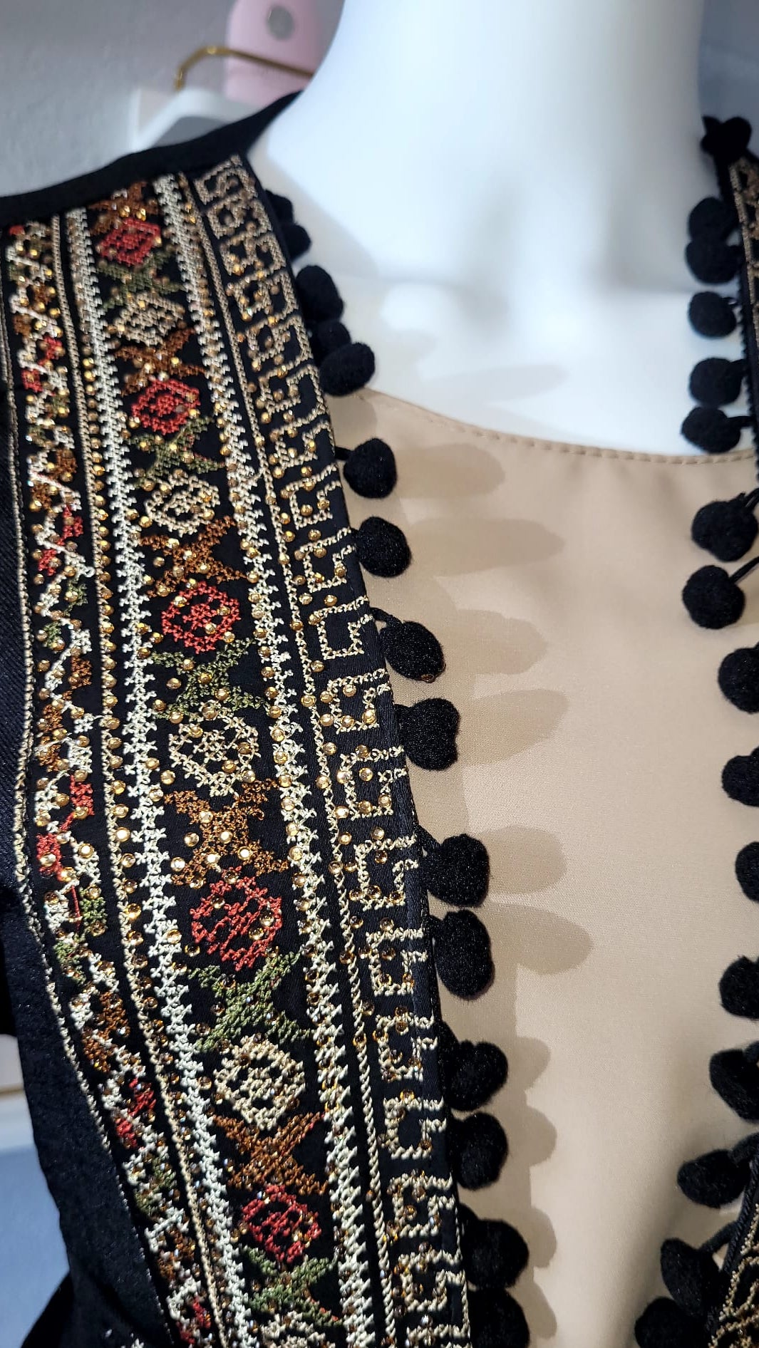 Palestian Black Kaftan with Beige Intricate Patterns and Designs