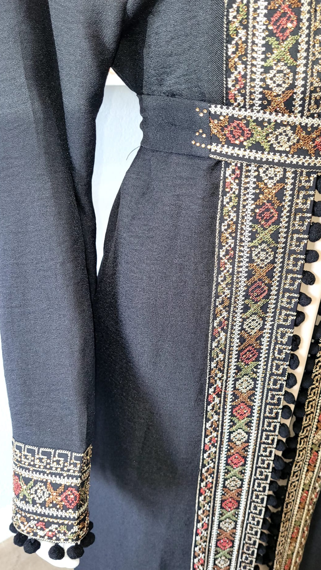 Palestian Black Kaftan with Beige Intricate Patterns and Designs