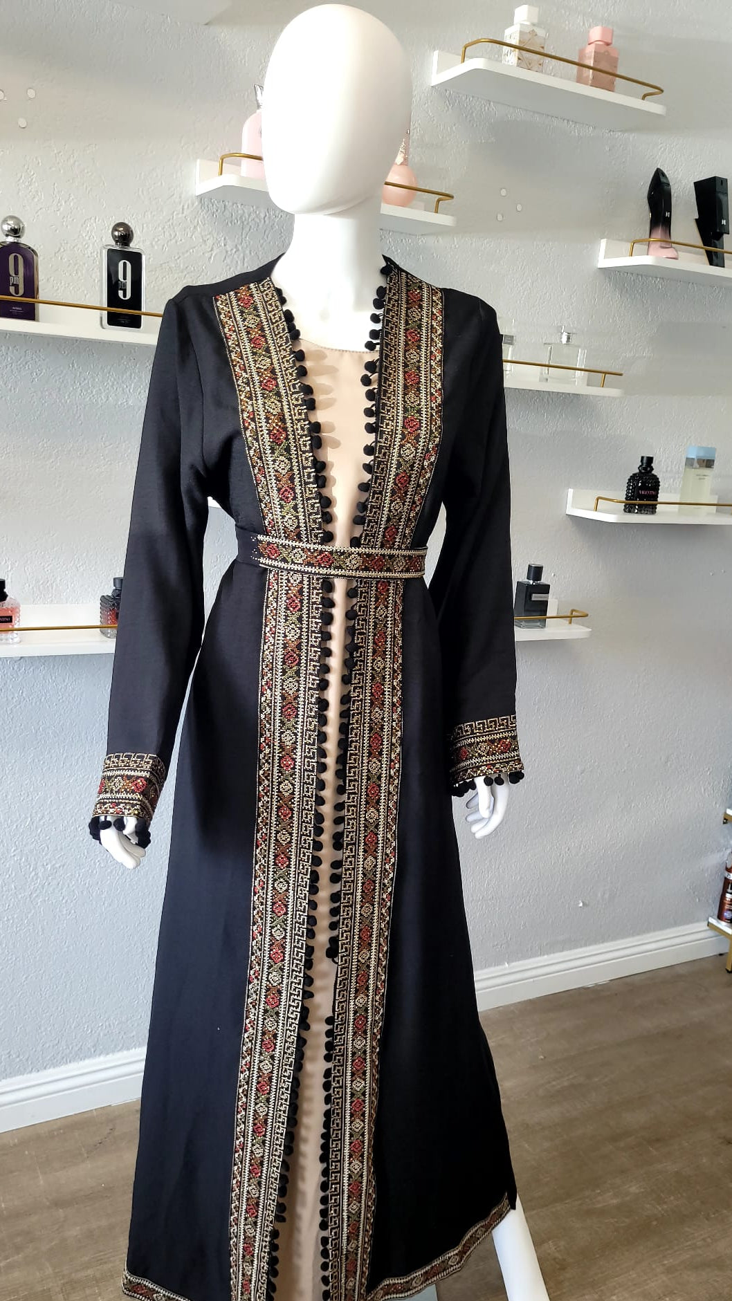 Palestian Black Kaftan with Beige Intricate Patterns and Designs