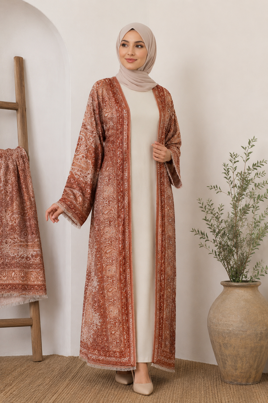 Cream Pie Pashmina Open Abaya Set
