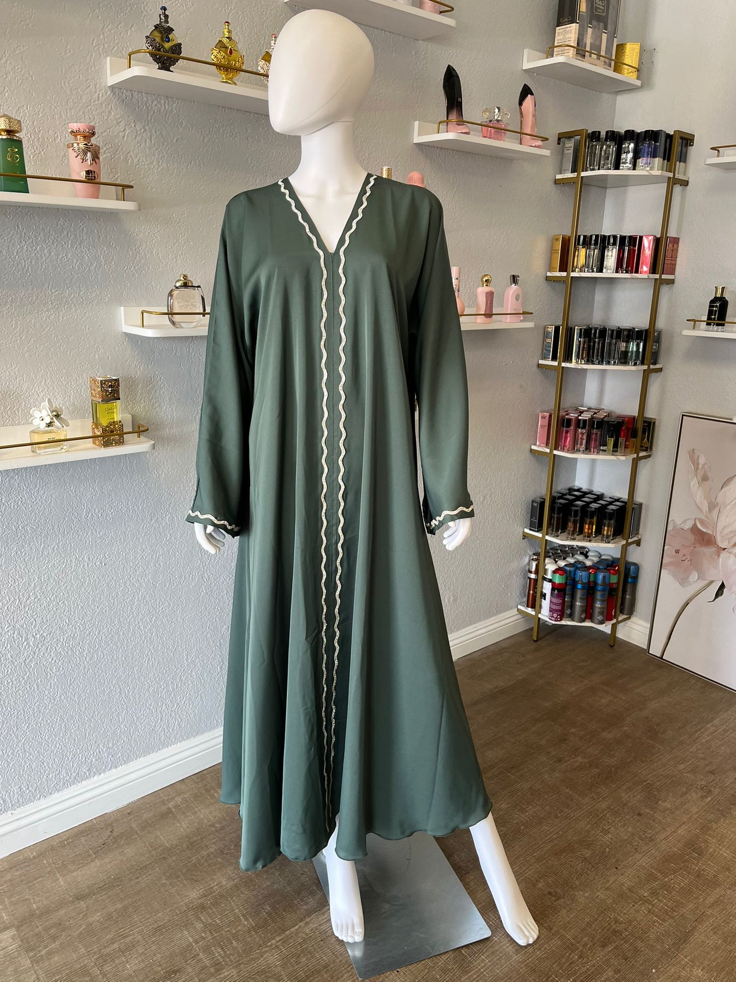 Olive Green Abaya with Silver Edge