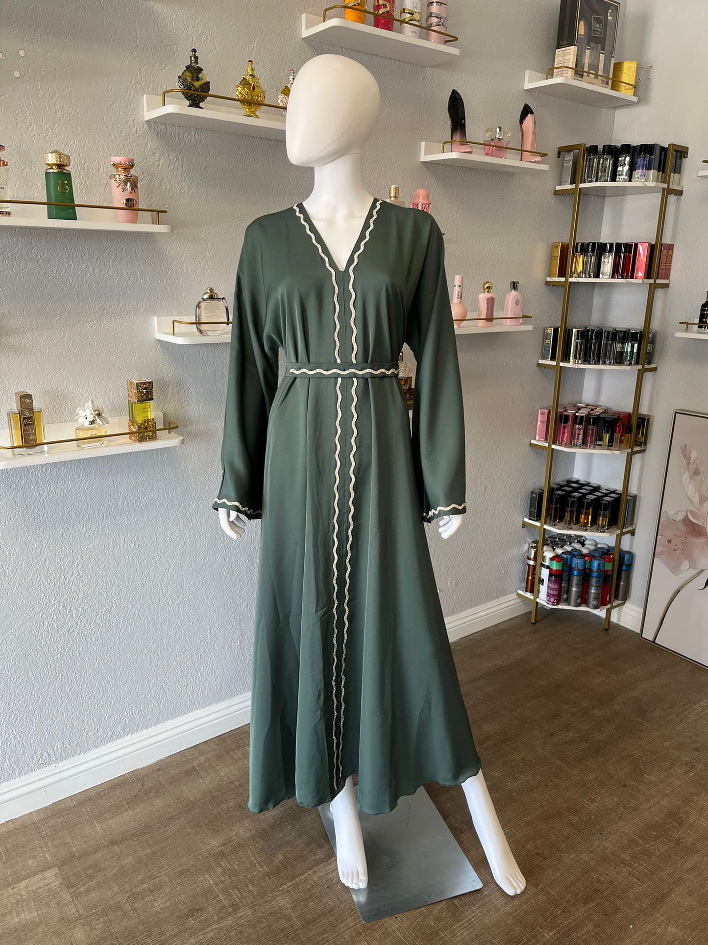 Olive Green Abaya with Silver Edge