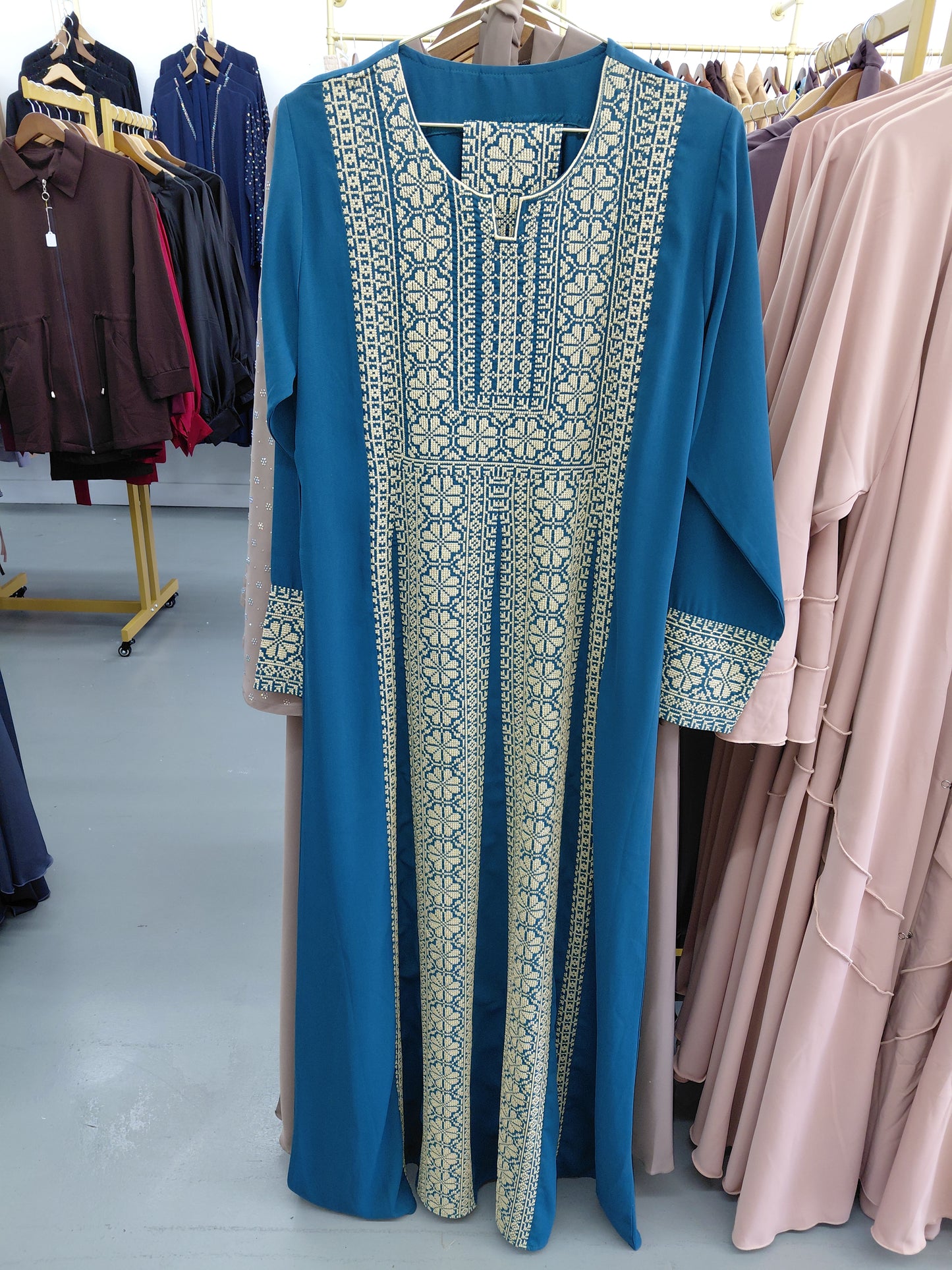 Thobe Embroidered Palestinian Maxi Dress Kaftan Palestinian Design (Green)