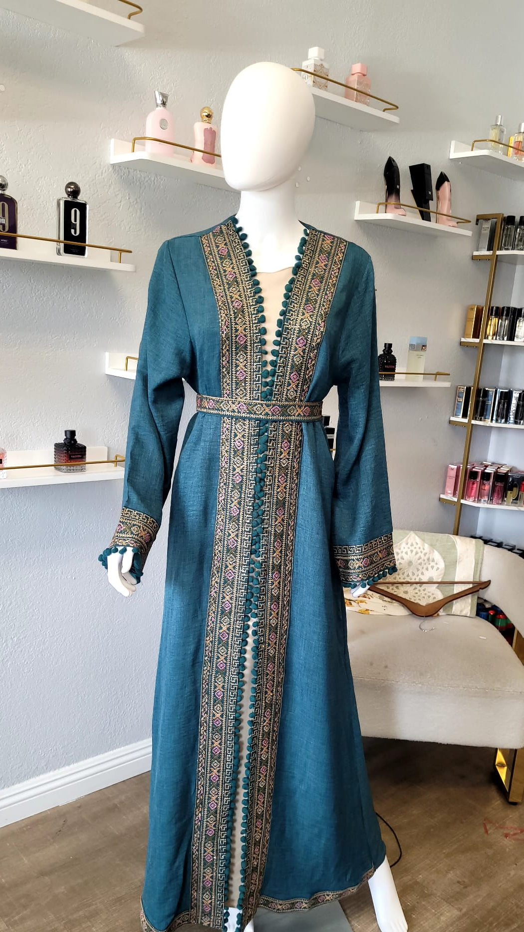 Teal Kaftan with Gold Intricate Patterns and Designs