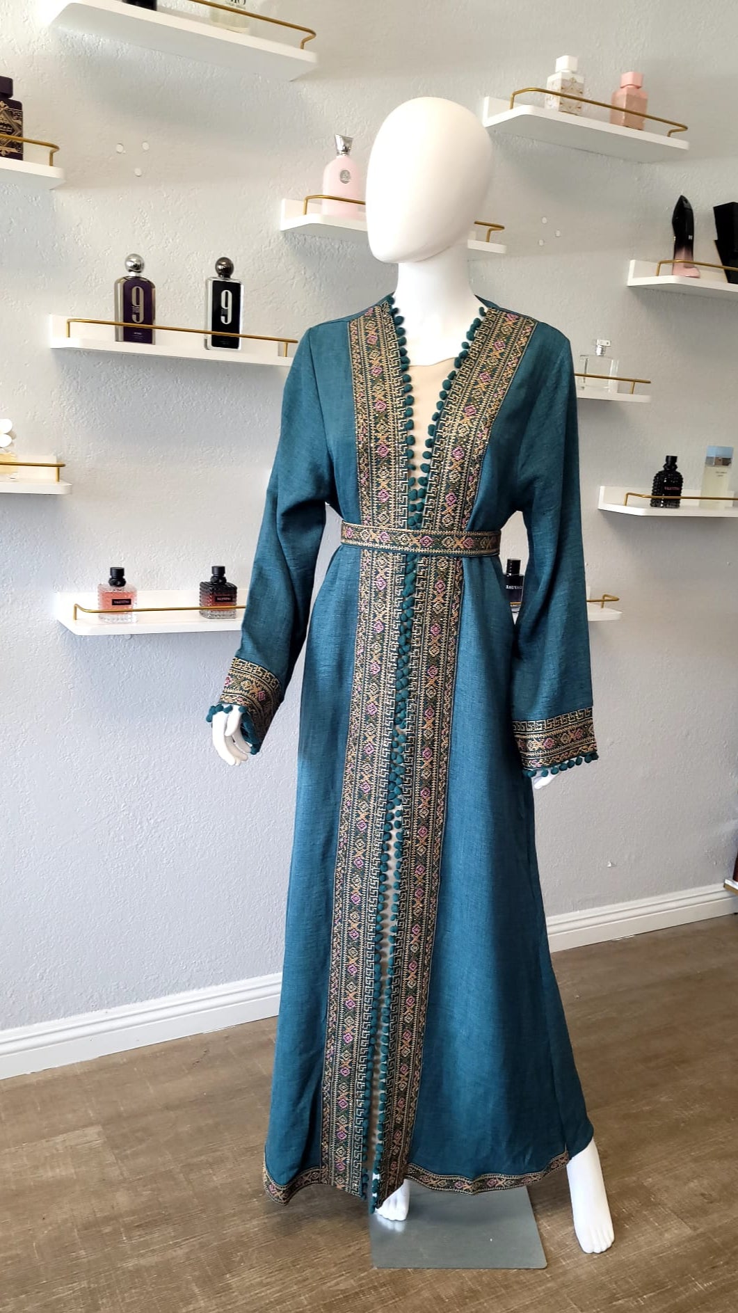 Teal Kaftan with Gold Intricate Patterns and Designs