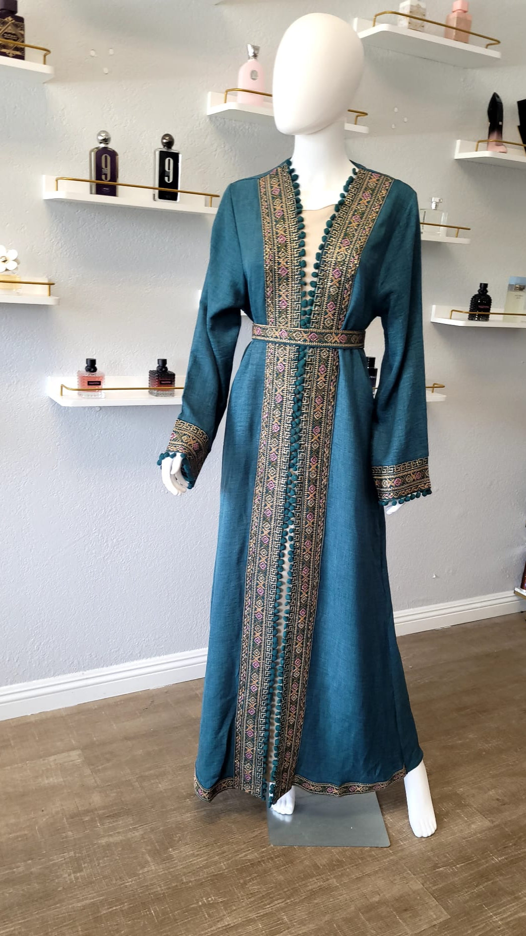 Teal Kaftan with Gold Intricate Patterns and Designs