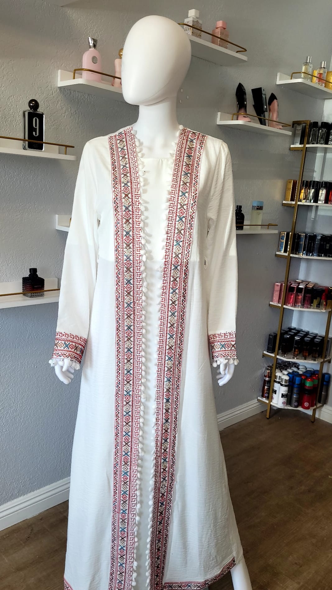 White Kaftan with Intricate Red Designs and Patterns
