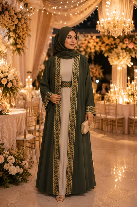 Luxury Emerald Green Open Abaya Set with Beige Inner Dress & Embroidered Belt | Elegant Modest Wear