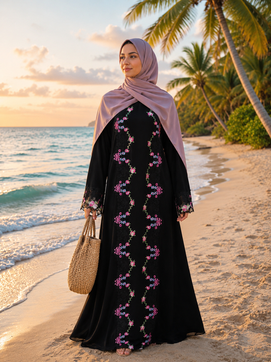 Black Floral Embroidered Open Abaya Set | Matching Inner