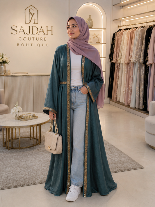 Emerald Green Open Abaya Set with Matching Inner Dress | Elegant Modest Wear