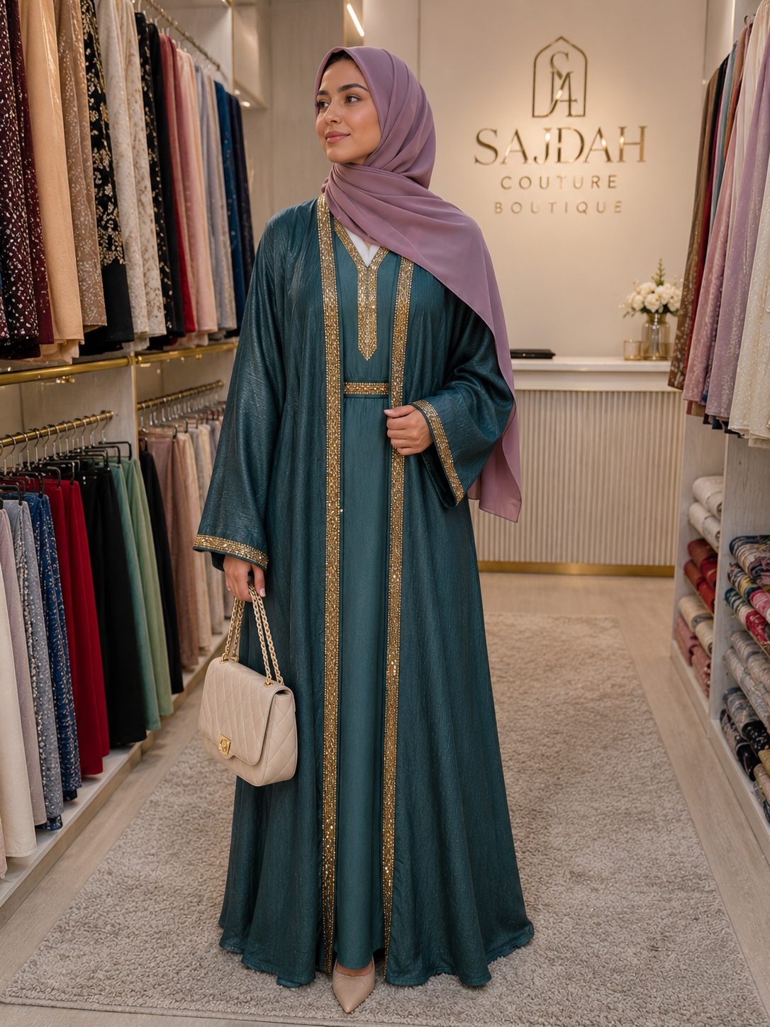 Emerald Green Open Abaya Set with Matching Inner Dress | Elegant Modest Wear