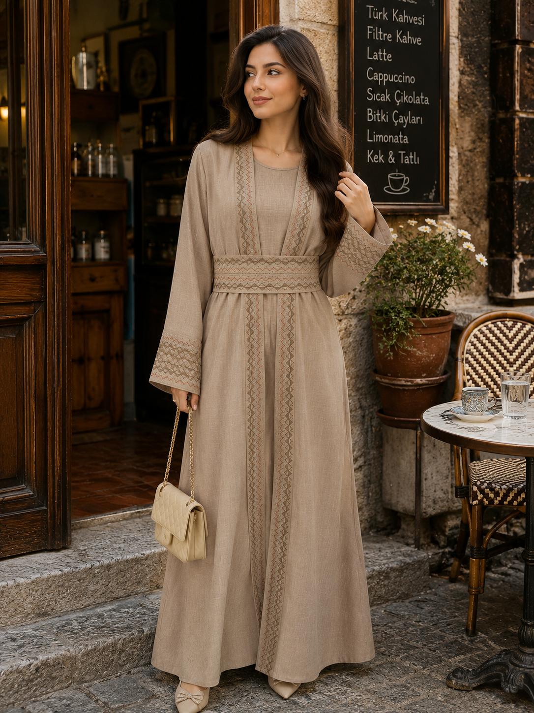 Beige 2 Layer Embroidered Abaya Set with Belt | Modest Luxury Abaya