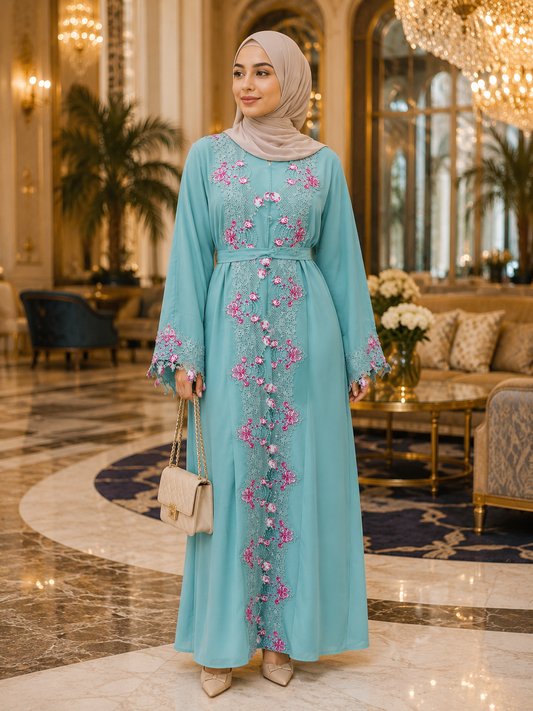 Luxury Aqua Open Lace Abaya | Floral Embroidered Modest Dress