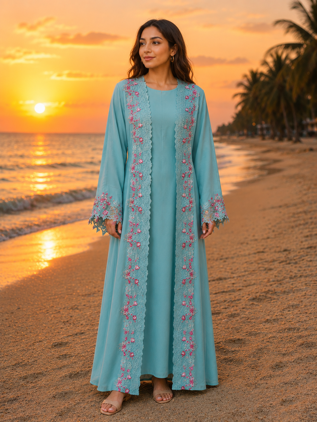 Luxury Aqua Open Lace Abaya | Floral Embroidered Modest Dress