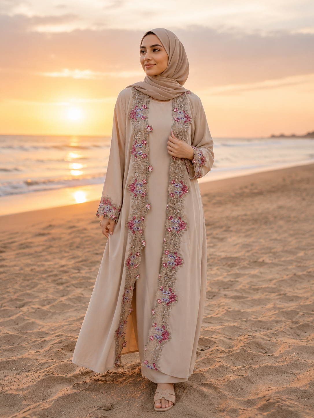 Beige Floral Lace Open Abaya | Elegant Modest Occasion Wear