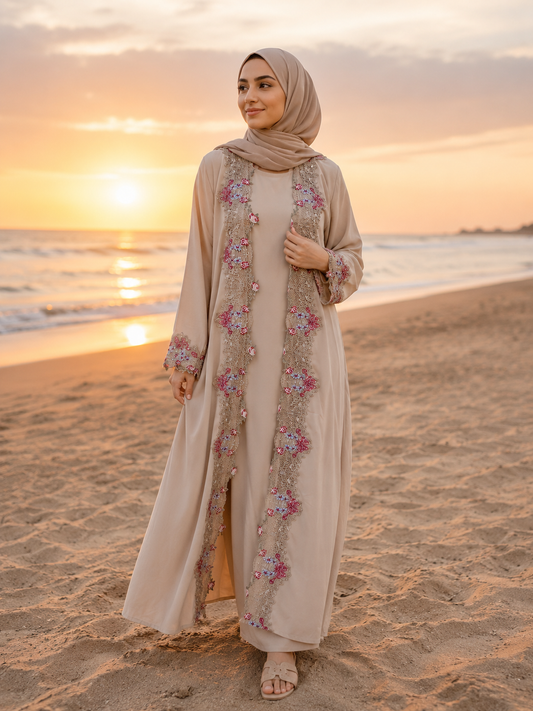 Beige Floral Lace Open Abaya | Elegant Modest Occasion Wear