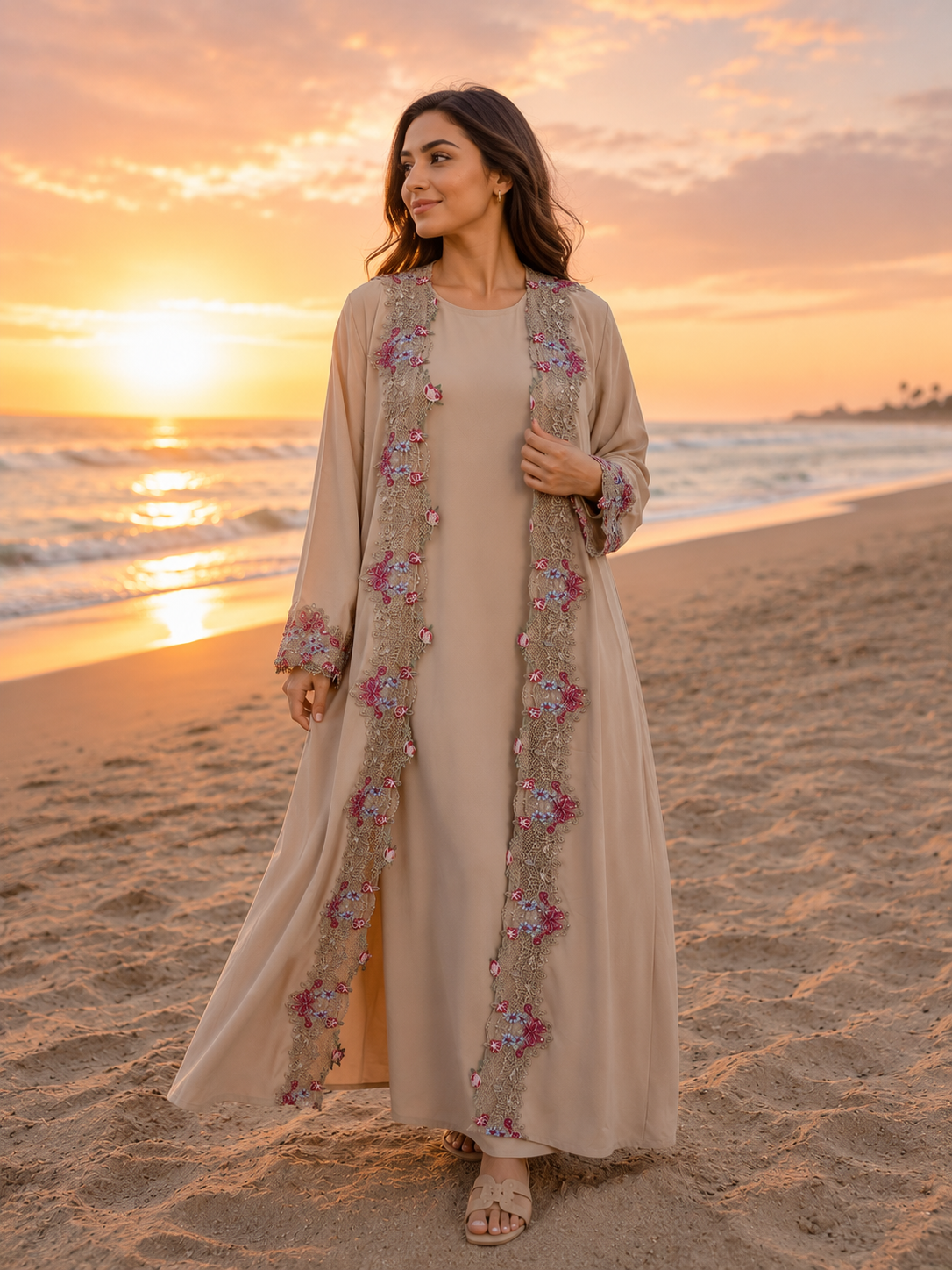 Beige Floral Lace Open Abaya | Elegant Modest Occasion Wear