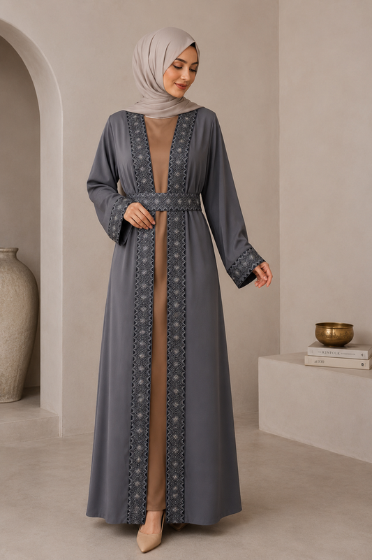 Luxury Silver Grey Open Abaya Set with Beige Inner Dress & Embroidered Belt | Elegant Modest Wear (Copy)