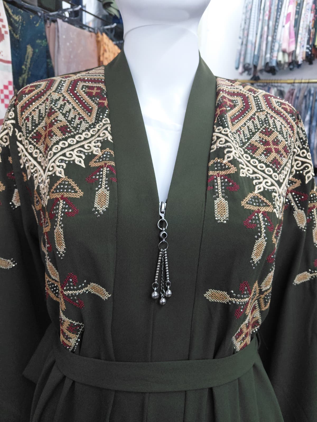 Zaynah Heritage Olive Green Embroidered Abaya | Luxury Modest Wear | Sajdah Couture