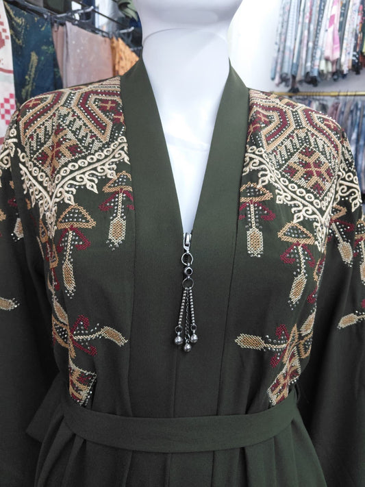 Zaynah Heritage Olive Green Embroidered Abaya | Luxury Modest Wear | Sajdah Couture