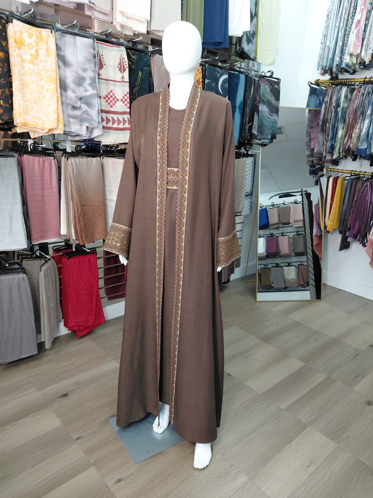 Brown 2 Layer Embroidered Abaya Set with Belt | Modest Luxury Abaya