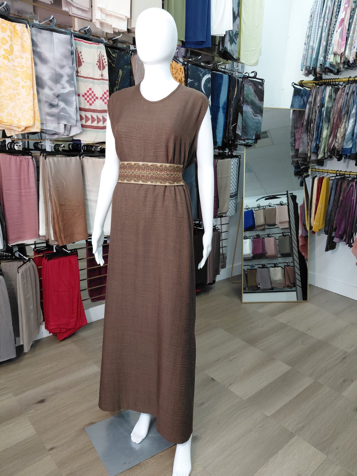 Brown 2 Layer Embroidered Abaya Set with Belt | Modest Luxury Abaya