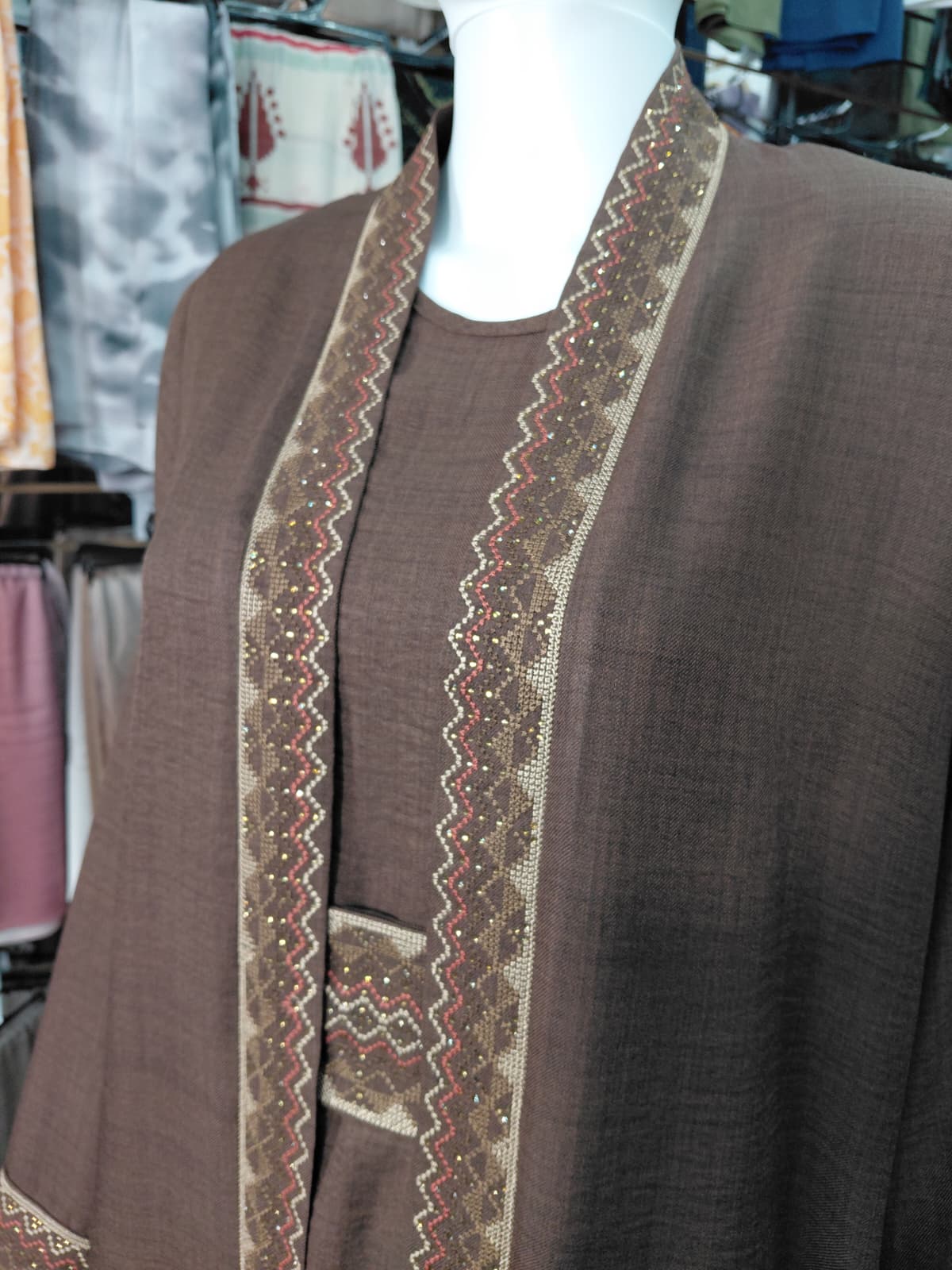 Brown 2 Layer Embroidered Abaya Set with Belt | Modest Luxury Abaya