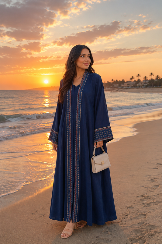 Dark Blue 2 Layer Embroidered Abaya Set with Belt | Modest Luxury Abaya