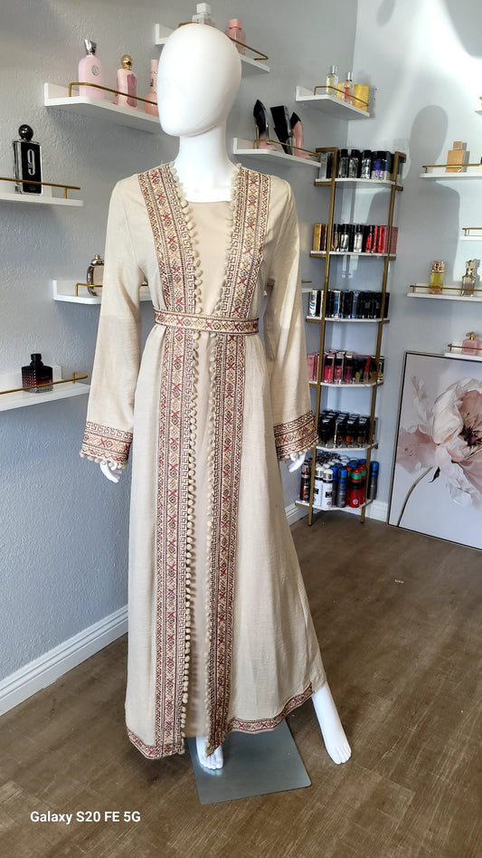 Palestian Beige Kaftan with Intricate Red Designs