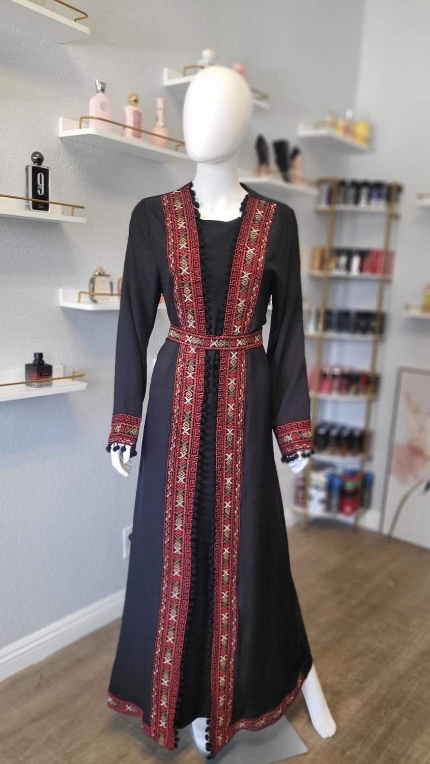 Palestinian Black and Red Moroccan Kaftan with Intricate Designs