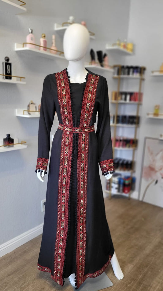 Palestian Black Kaftan with Red Intricate Patterns and Designs