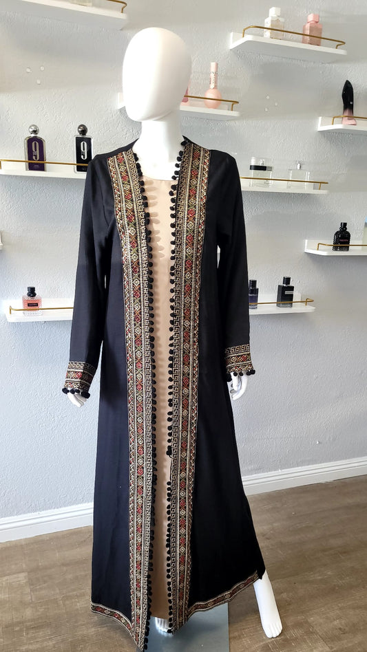 Palestian Black Kaftan with Beige  Intricate Patterns and Designs