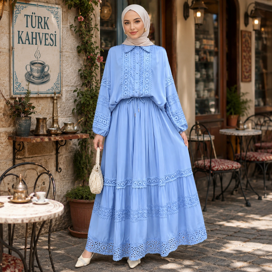 Sky Blue Top and Skirt Set | Modest Turkish Style Set