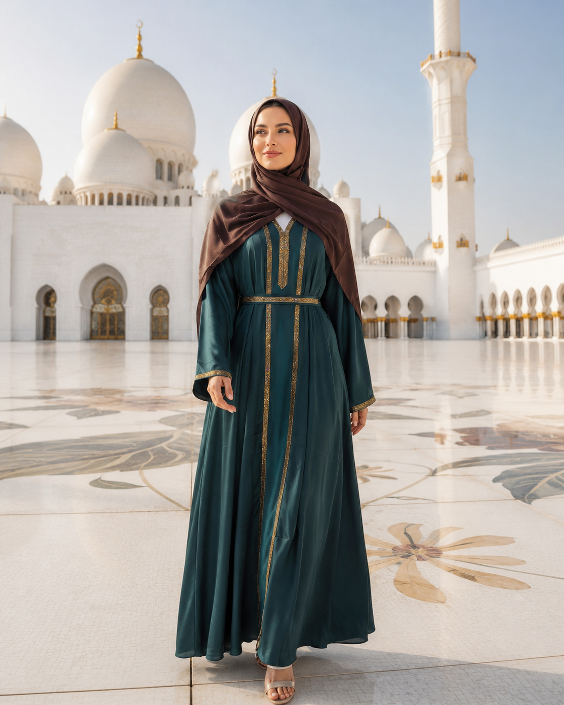 Emerald Green Open Abaya Set with Matching Inner Dress | Elegant Modest Wear