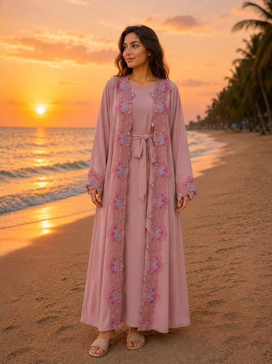 Dusty Pink Open Lace Abaya Set | Luxury Modest Fashion | Sajdah Couture