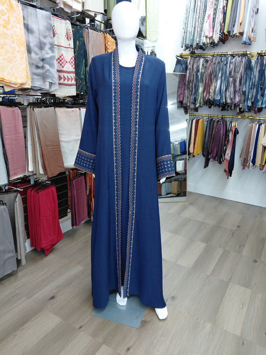 Dark Blue 2 Layer Embroidered Abaya Set with Belt | Modest Luxury Abaya