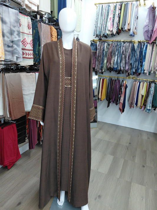 Brown 2 Layer Embroidered Abaya Set with Belt | Modest Luxury Abaya