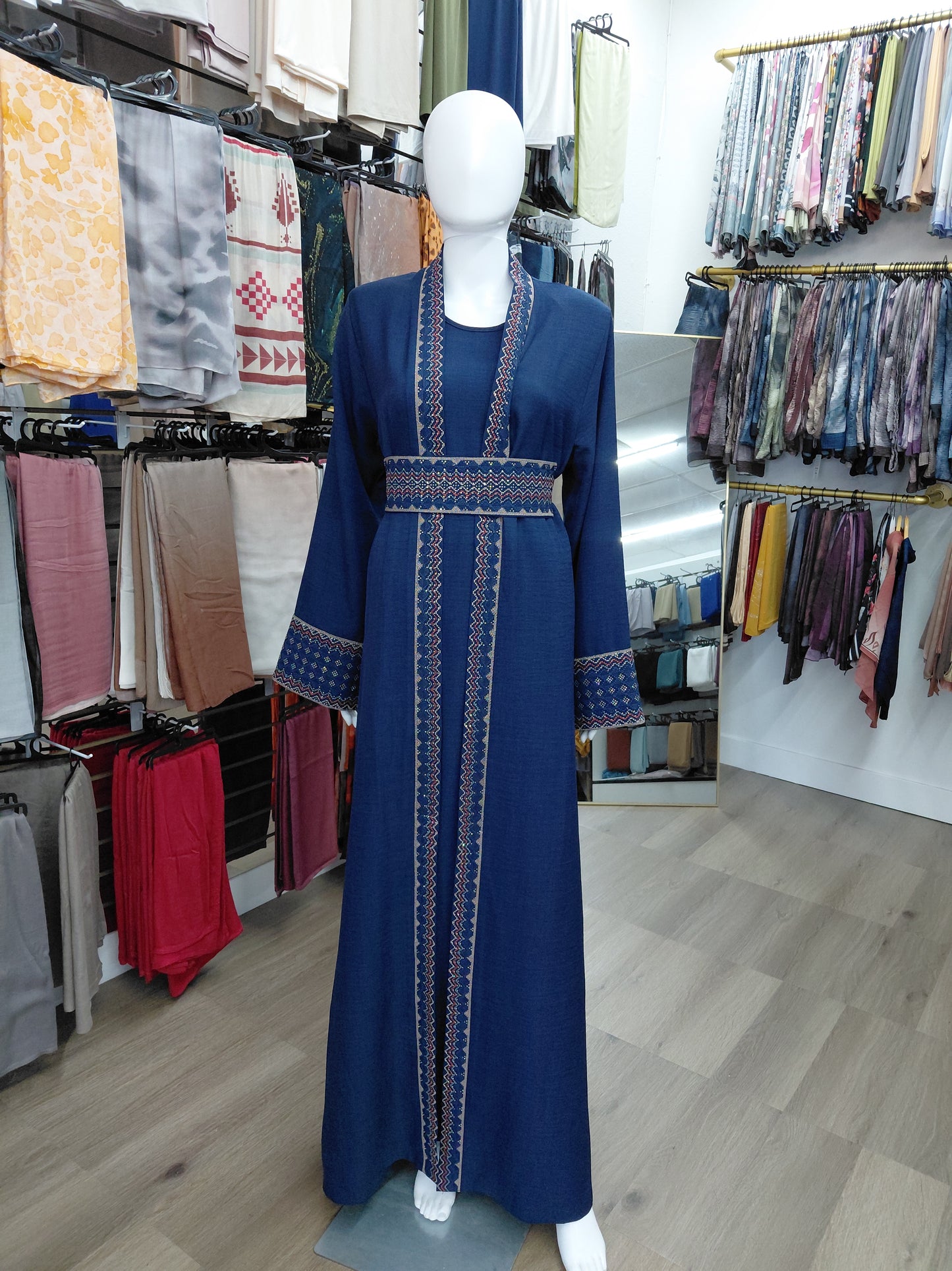 Dark Blue 2 Layer Embroidered Abaya Set with Belt | Modest Luxury Abaya